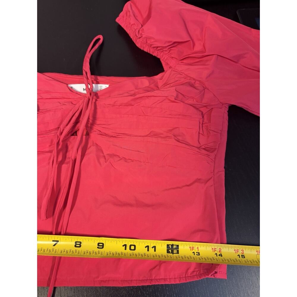 MANGO Hot Pink Ruched Crop Top Small NWT Fitted Y2K Chic Puff Sleeve Barbiecore - Picture 16 of 16
